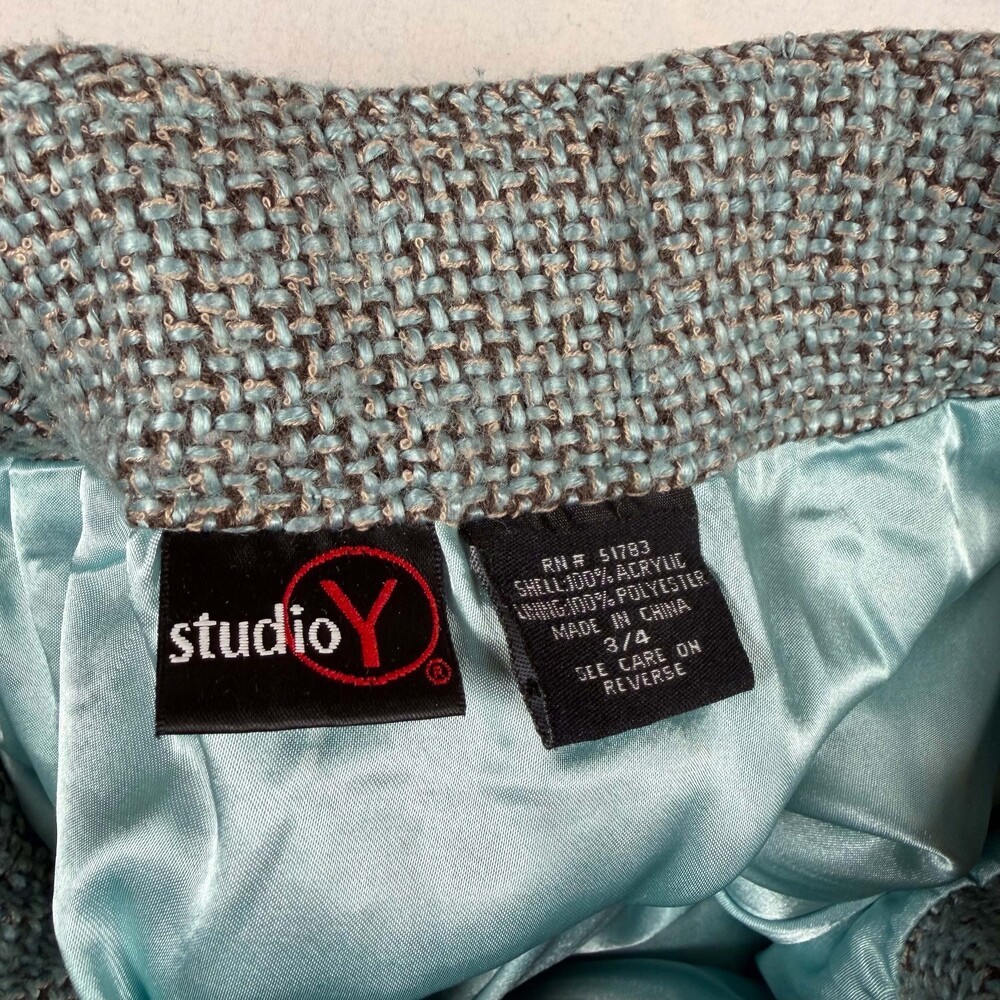 Studio Y 3/4 Light Blue Brown Woven Tweed Vintage A-line Skirt - Picture 4 of 8